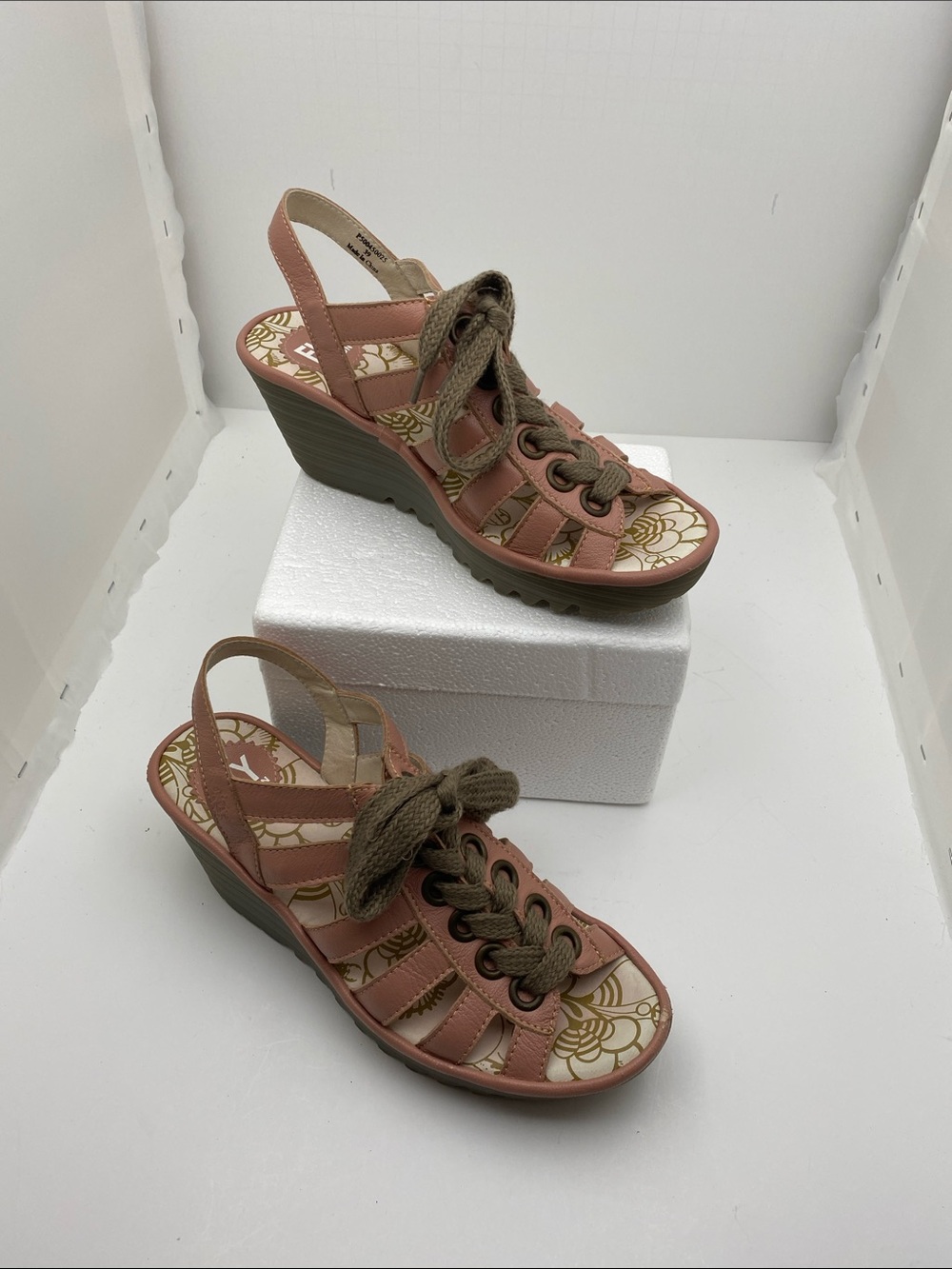 Fly London Pink Lace-Up Wedge Sandals
